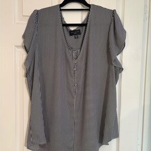 Premise Black and White Vertical Stripe V-Neck Blouse